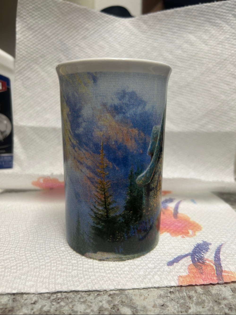 Thomas Kinkade Winter Cottage Mug - Blue, White, Gold - Picture 5 of 9